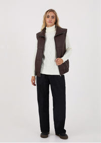 Brown Leather Puffer Vest for Women
