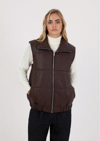 Brown Leather Puffer Vest for Women